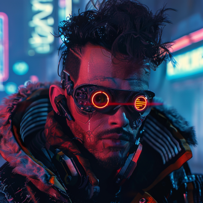 A close-up of a man in a cyberpunk setting, wearing high-tech goggles with glowing red rings, stylish headphones, and a fur-lined jacket, illuminated by vibrant neon lights.