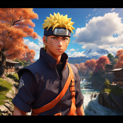 Digital art of Naruto Uzumaki with bright orange hair wearing a ninja headband, standing in front of an idyllic Japanese village with autumn trees and a mountain in the background.