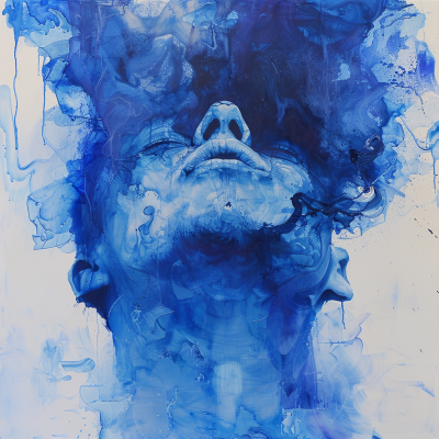 A surreal portrait of a person with their head tilted back, surrounded by swirling blue hues and abstract shapes, conveying a sense of contemplation and emotion.