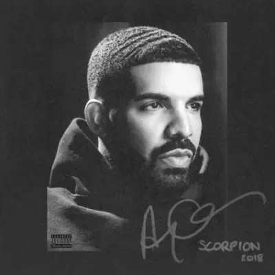 Black-and-white album-style close-up portrait of a bearded man in a hoodie looking right; handwritten autograph and the text SCORPION 2018 appear at the lower right.