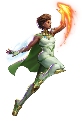 Invincible VS: a female superhero in green armor and cape, leaping with a blue energy shield on one hand and a fiery orange energy arc trailing from the other.
