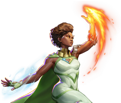 Heroine in green-and-white suit and cape channels blue energy with her left hand and orange fire with her right — Invincible VS Integrate