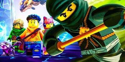A dynamic scene from Ninjago features a ninja in green wielding a staff, with three other colorful characters and a small creature in the background.