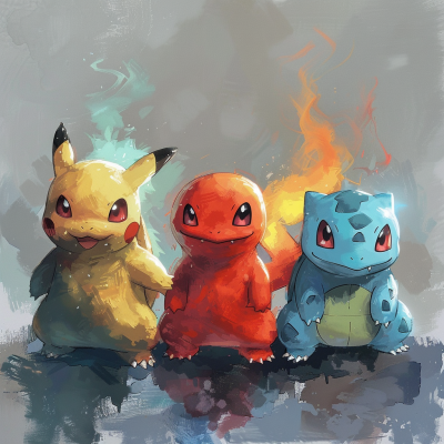 Illustration of classic Pokémon starters Pikachu, Charmander, and Squirtle, representing Pokémon Red, Blue, and Yellow games.