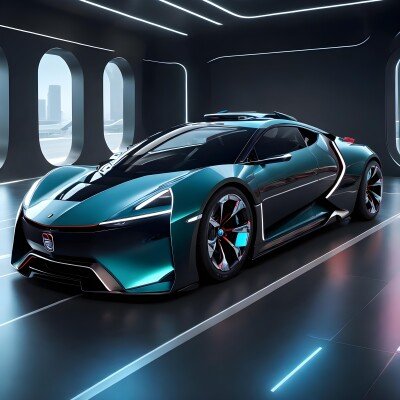 A sleek, futuristic car in a modern, illuminated showroom, showcasing a striking teal and black design with bold lines and advanced features.