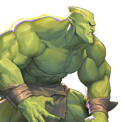 Invincible VS Integrate: hulking green orc-like warrior crouches and snarls, bulging muscles, pointed ears, torn loincloth and leather wristbands.