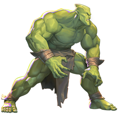 Massive green orc-like warrior crouching, ready to attack with torn loincloth and wrapped wrists, snarling expression — Invincible VS Integrate