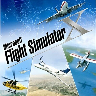 Cover art for Microsoft Flight Simulator X featuring various aircraft, including a helicopter, private jet, and commercial airliner, set against a sky-blue background.