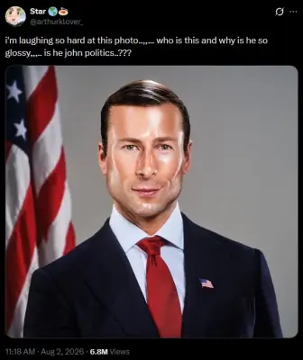 John Politics meme — glossy portrait of a handsome man in a dark suit, red tie and tiny US flag pin, American flag in the background.