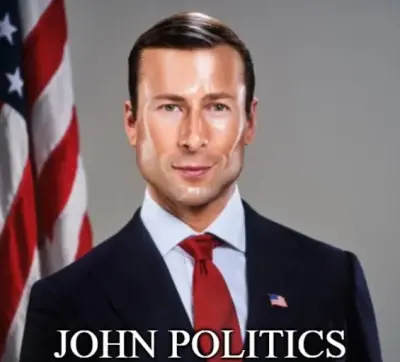 Clean-cut man in a suit and red tie posed before an American flag, with the caption JOHN POLITICS — John Politics meme.