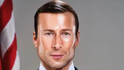 Close-up stylized portrait of a polished, suit-wearing man beside a US flag — John Politics (meme).