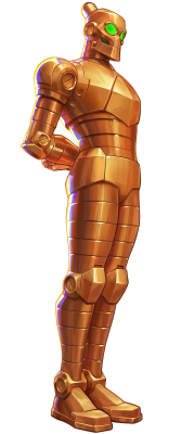 Bronze, articulated humanoid robot with glowing green eyes, standing with hands behind its back — labeled Invincible VS Integrate