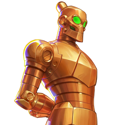Shiny golden armored humanoid robot with glowing green eyes, hand on hip in a confident pose, titled Invincible VS.