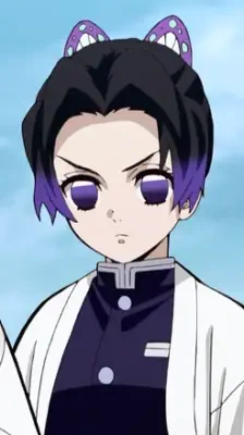 Shinobu Kocho from Demon Slayer: Kimetsu no Yaiba, waist-up portrait wearing a white haori and dark uniform, short black-to-purple hair, purple eyes, butterfly hair clips.
