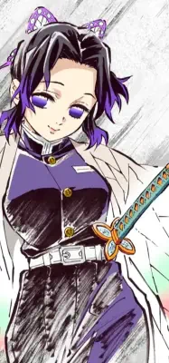 Shinobu Kocho from Demon Slayer: Kimetsu no Yaiba, gentle smile and purple eyes, butterfly hairpiece and white haori, hand on an ornate katana with butterfly tsuba.