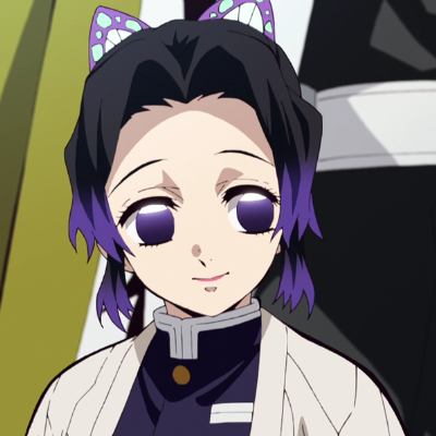 Shinobu Kocho from Demon Slayer: Kimetsu no Yaiba, smiling with purple-tipped hair, butterfly hairpin, violet eyes and a white haori over her Demon Slayer uniform.