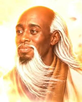 Portrait of a serene dark-skinned elder with flowing white hair and beard, smiling in warm golden light while wearing a robe — La Peace (meme).
