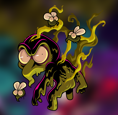 Mina the Hollower: a dripping green-black ghoul with bulging pale eyes and buzzing flies trailing sickly green fumes against a blurred colorful backdrop.