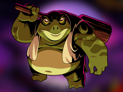 Mina the Hollower, a grinning anthropomorphic toad with mottled green skin and yellow eyes, shouldering a large wooden mallet against a purple blurred background.