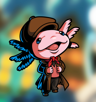 Chibi pink axolotl character Mina the Hollower in a brown explorer hat and coat, red neckerchief and blue feathers, smiling against a blurred colorful background.