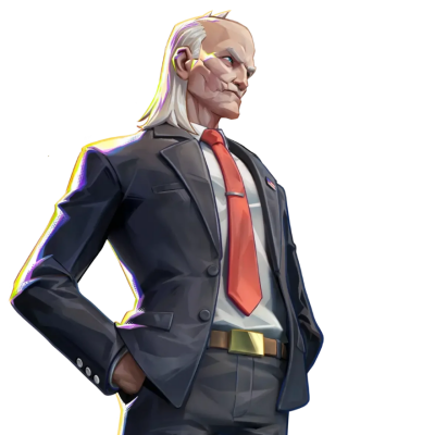 Invincible VS Integrate — tall, stern man in a dark suit with red tie, long white hair, light skin, hands in pockets and a confident, imposing posture.