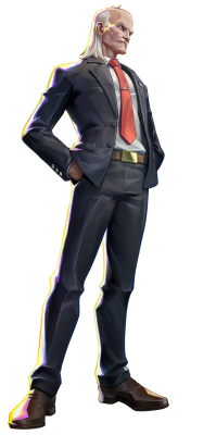 Tall, stern man with long blond hair in a dark suit and red tie, hands in pockets and an imposing stance — Invincible VS.