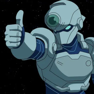 Zoe (Invincible) in a blue armored space suit and helmet gives a thumbs-up against a starry black background.