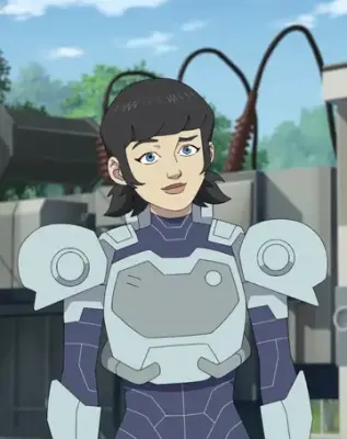 Zoe (Invincible), Invincible: young woman in a light-gray armored suit with rounded shoulder pads, short dark hair and blue eyes, smiling against an outdoor industrial backdrop.