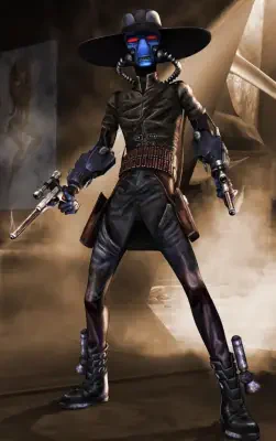 Cad Bane from The Book of Boba Fett: blue-skinned Duros bounty hunter in a wide-brim hat and long coat, wielding twin blasters amid smoky ruins.