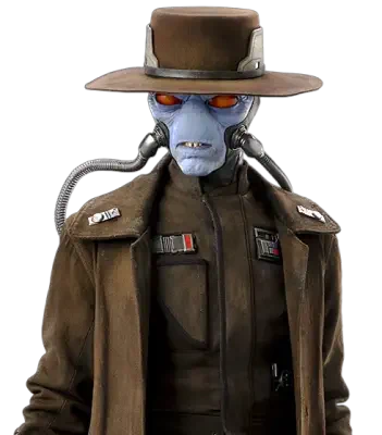 Cad Bane from The Book of Boba Fett: blue-skinned Duros bounty hunter in a wide-brim hat and brown coat, red goggles, breathing tubes and a stern expression.