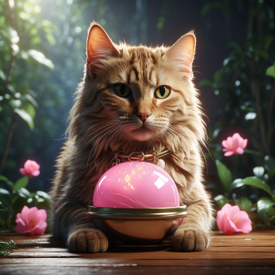 Fluffy tabby cat sitting patiently with a covered pink food dish, surrounded by pink flowers in a serene garden setting.