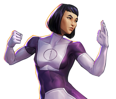Invincible VS Integrate: a female superhero in a purple-and-white suit with a 1 on her chest, bob haircut, poised in a martial-arts stance on a black background.