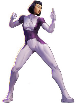 Female superhero in a purple-and-white suit with a bob haircut and chest emblem 1, fists raised in a ready fighting stance — Invincible VS Integrate