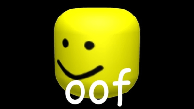 Yellow cylindrical ROBLOX avatar head with two dot eyes and a curved smile on a black background, white oof text overlaid.