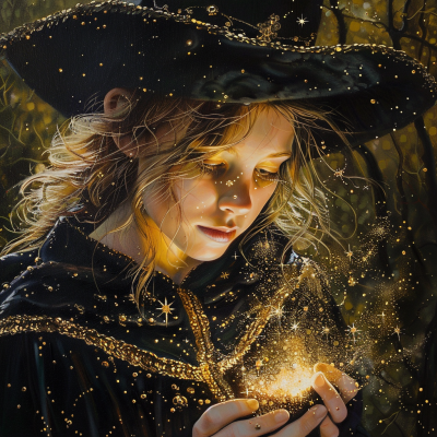 A young woman in a flowing black cloak and wide-brimmed hat gazes intently at a glowing orb in her hands, surrounded by shimmering sparkles in a mystical forest setting.