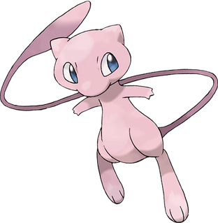 Pink, cat-like Pokémon Mew from Pokémon: The First Movie floating with wide blue eyes, long ribbon-like tail and small limbs against a transparent background.