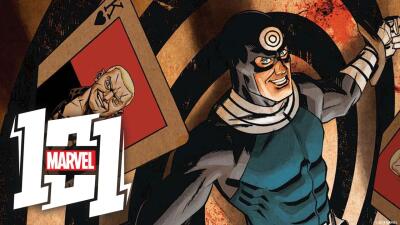 Bullseye (Marvel Comics) grinning in a target-themed costume, hurling oversized playing cards across a giant bullseye background; Marvel 1:1 logo in the corner.