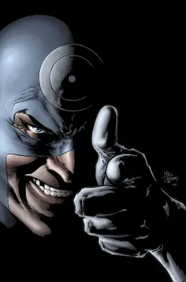 Close-up of Bullseye (Marvel Comics) in a blue mask with a target on his forehead, grinning and pointing a finger like a gun at the viewer against a black background.