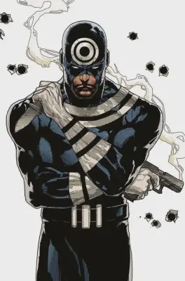 Bullseye (Marvel Comics) in a black target-themed suit with a bullseye on his forehead, arms crossed, cigarette smoke curling, pistol in hand, bullet holes puncturing the background.