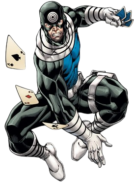 Bullseye (Marvel Comics) in black, white and blue costume, target emblem on his forehead, crouched mid-leap while hurling razor-sharp playing cards.