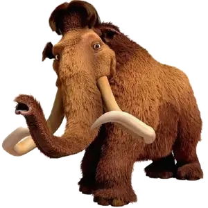 Manny, the woolly mammoth from Ice Age, standing with large tusks and thick brown fur.