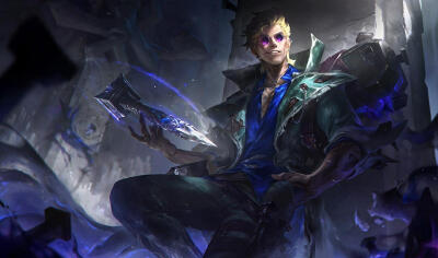 Locke (League of Legends) sits in ruined halls with a torn coat, a glowing purple eye, clutching a rune-etched book as violet energy swirls around him — League of Legends.