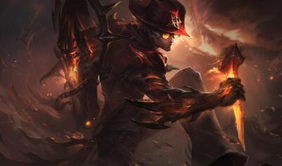 Locke (League of Legends) as a dark, fiery gunslinger: brimmed hat and glowing eyes, clutching a burning dagger and revolver amid smoke, embers, and a shattered battlefield.