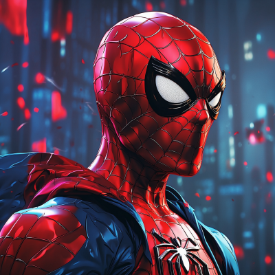 Illustration of Spiderman in a dynamic pose with a vibrant, blurred cityscape background, highlighting the iconic red and blue suit with web pattern design.