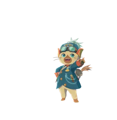 Rudy (Monster Hunter) from Monster Hunter Stories 3: Twisted Reflection — a cheerful catlike rider in goggles and a blue explorer coat with satchel, waving energetically.