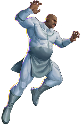 Muscular bald superhero in a white suit and apron-like tabard, leaping forward with clenched hands, Invincible VS Integrate.