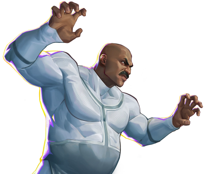 Bald, muscular superhero in a white suit lunging forward with raised hands and an intense expression — Invincible VS Integrate