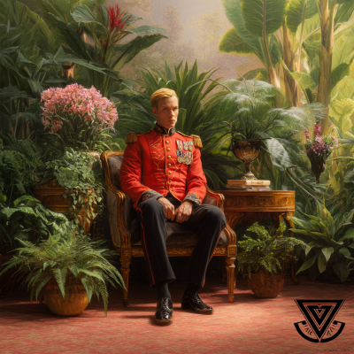 A seated figure in a regal red uniform, adorned with medals, rests in a lush, green setting filled with tropical plants and vibrant flowers, creating an air of elegance and tranquility.