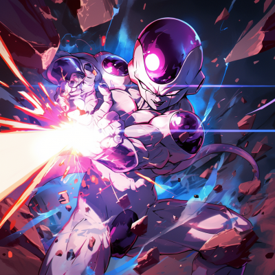 Illustration of Frieza, a powerful anime character from Dragon Ball Z, charging a ki blast amid shattered rocks and dynamic lighting effects.