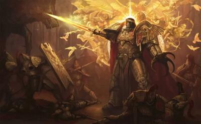 Emperor Of Mankind stands in ornate golden armor, sword raised and radiant, surrounded by winged figures and light, fallen foes at his feet.